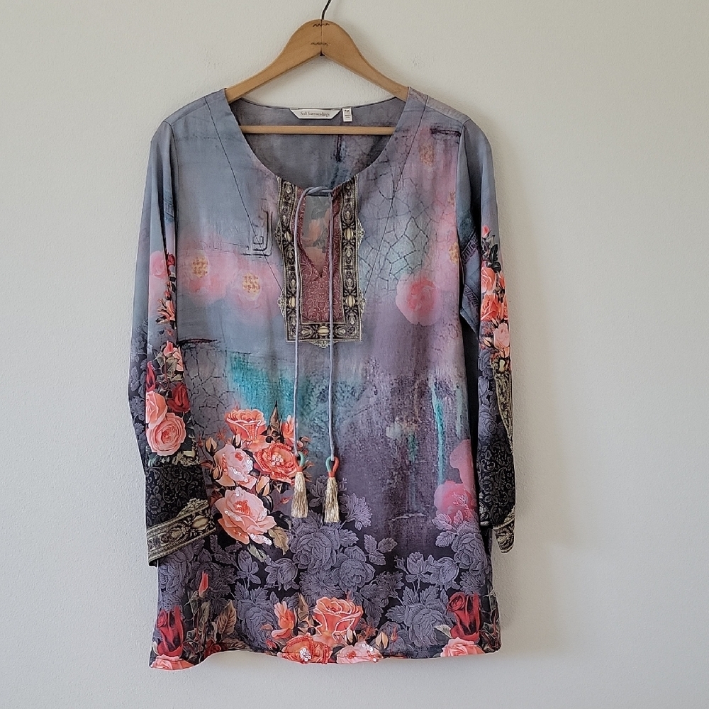 Soft‎ Surroundings Satin Floral Beaded Tunic *ALTERED* Size Large